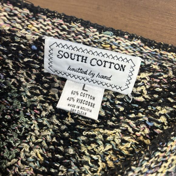 Vtg 90s Y2K South Cotton Womens L Hand Knitted Cardigan Sweater Heavy Y Pattern - Picture 7 of 11
